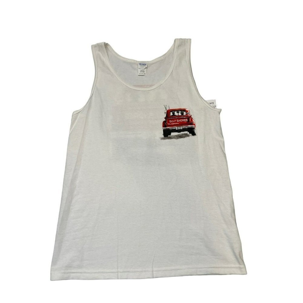 Mens NWT Beach Small Gulf Shores Tank Sleeveless White TShirt Red Truck Alabama